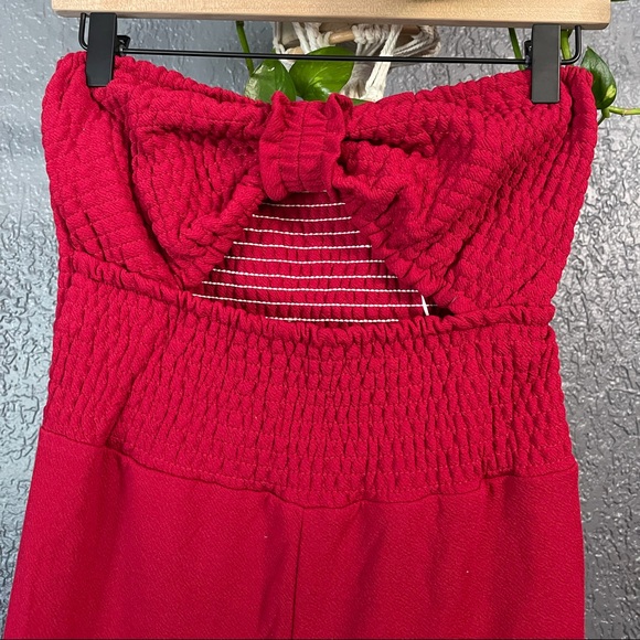 Bow Up Brick Red Smocked Strapless Wide-Leg Jumpsuit - Picture 7 of 9